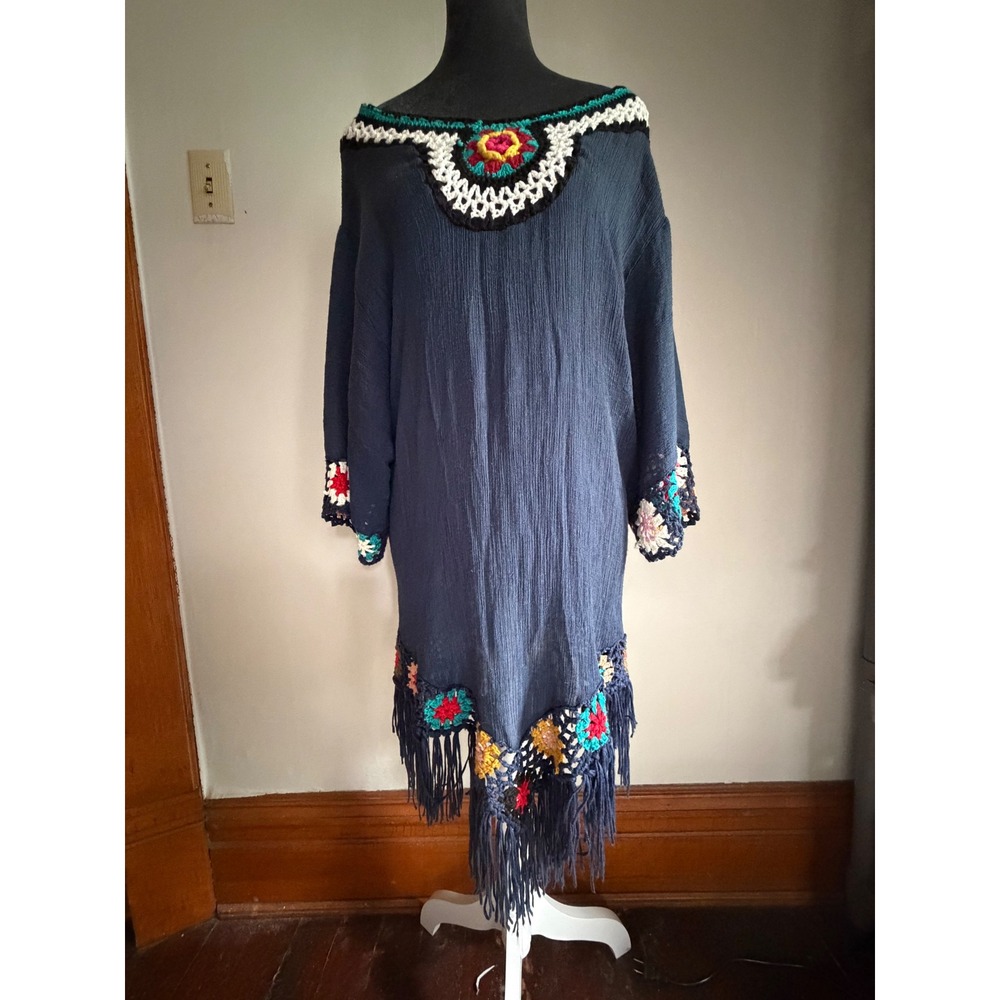 Gauze Crochet Granny Square Fringe Tunic Top boho Beachy cover‎ up hippie